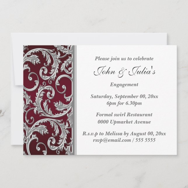 Invitation fiançailles floral de maroon argenté de Bourgogne (Devant)