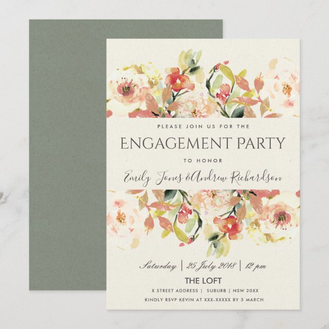 INVITATION FIANÇAILLES FLORAL DE PEACH PEACH ROSE (Devant / Derrière)