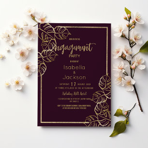 Invitation Fiançailles floral d'or rouge riche et profond de 