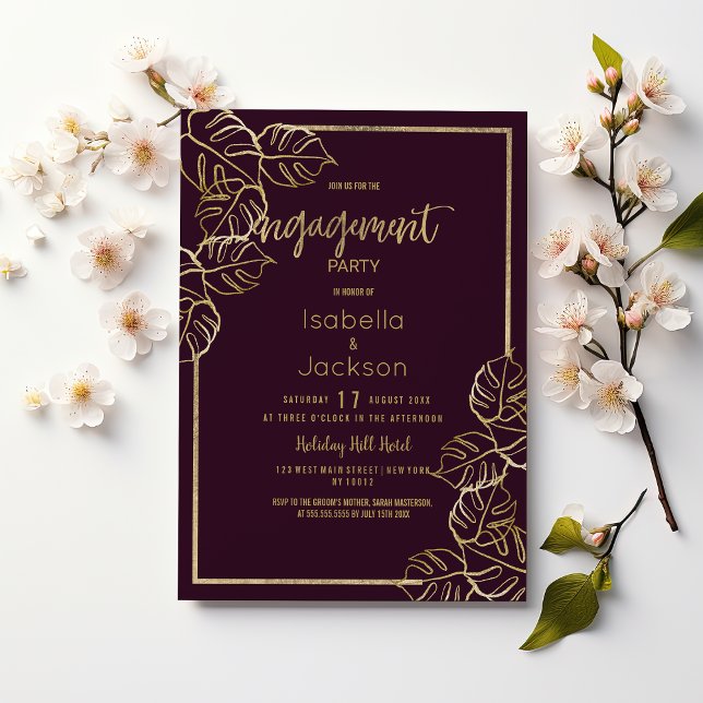 Invitation Fiançailles floral d'or rouge riche et profond de  (Bordeaux deep rich red gold floral Engagement)