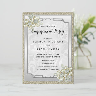 Invitation Fiançailles floral Gem Argent encadré, Or et Argen