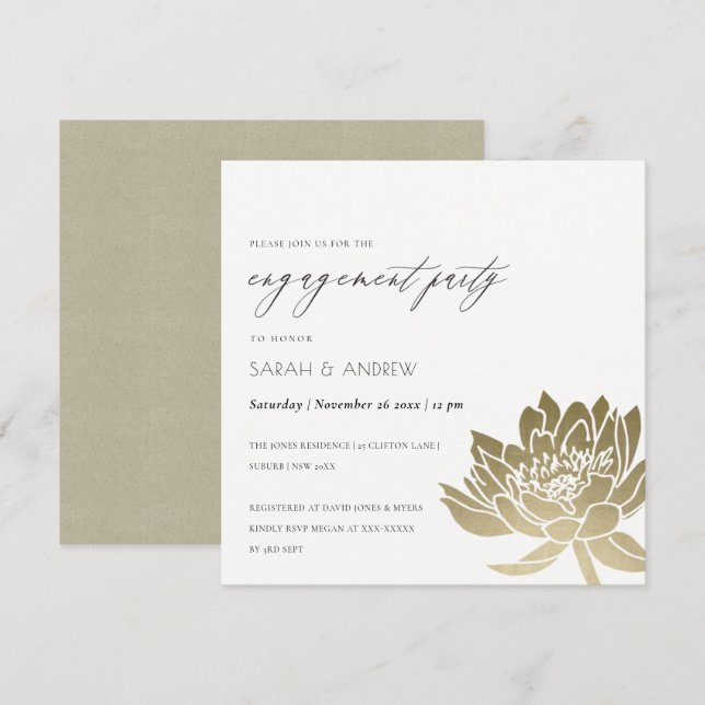Invitation Fiançailles FLORAL GLAMOROUS OR BLANC LOTUS (Devant / Derrière)