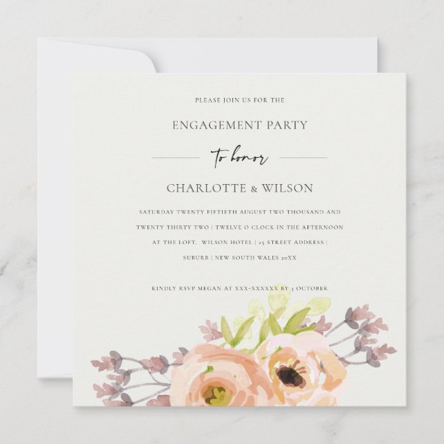 INVITATION FIANÇAILLES FLORAL MOUILLÉ DE ROSE BLANC BLANC PEA (Devant)