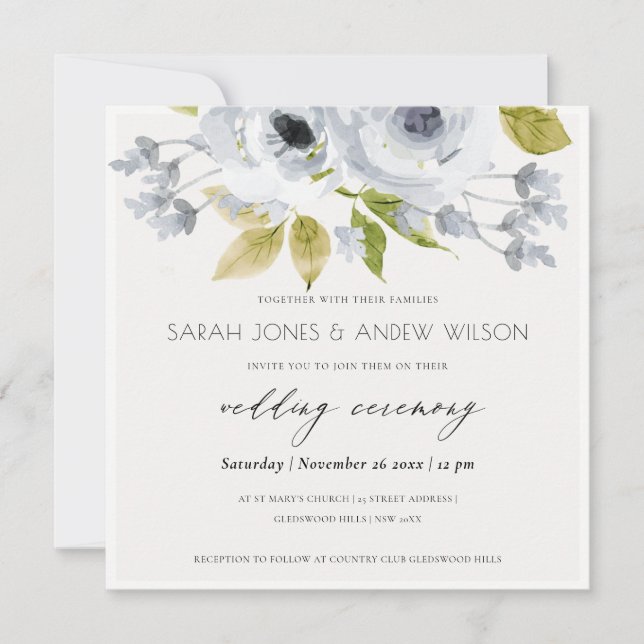 INVITATION FIANÇAILLES FLORAL ROMANTIQUE AQUA BLEU (Devant)