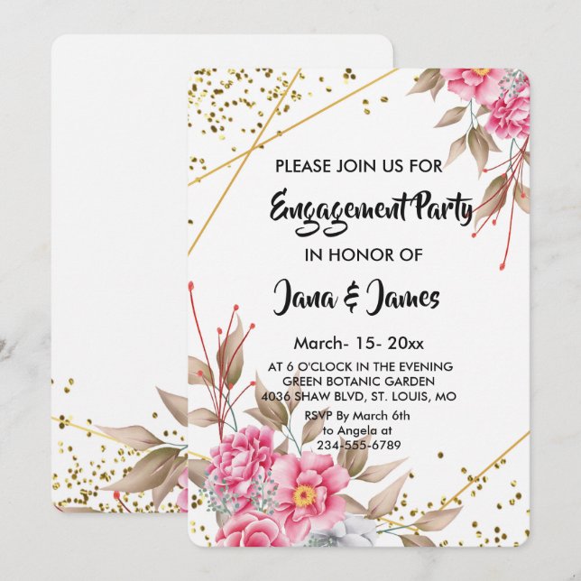 Invitation Fiançailles floral rose de cadre doré géométrique (Devant / Derrière)