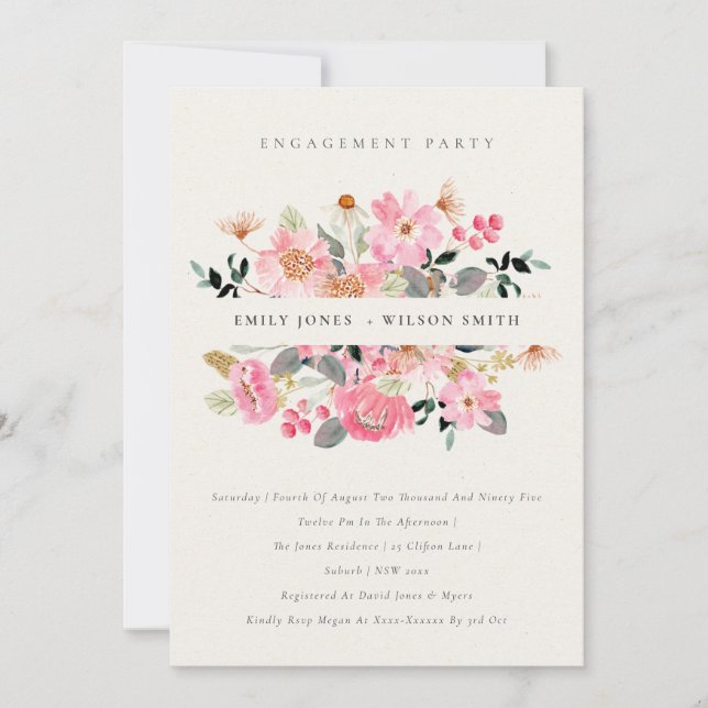 Invitation Fiançailles floral rose vif (Devant)
