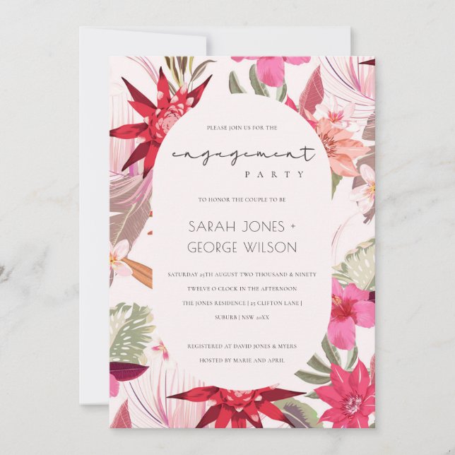 Invitation Fiançailles floral rouge boho tropical (Devant)
