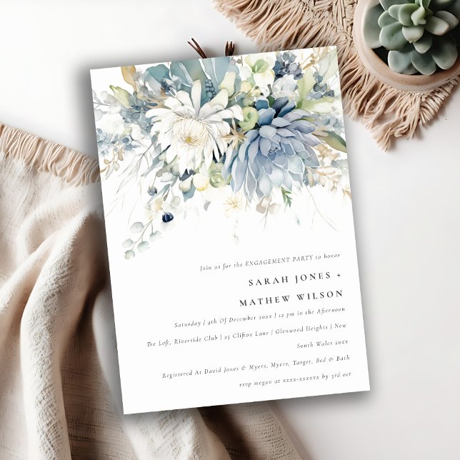 Invitation Fiançailles floral Succulent bleu doux chic (Créateur téléchargé)