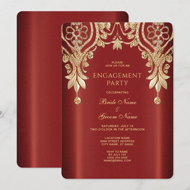 Invitation Fiançailles Florale Rouge Or moderne (Devant / Derrière)