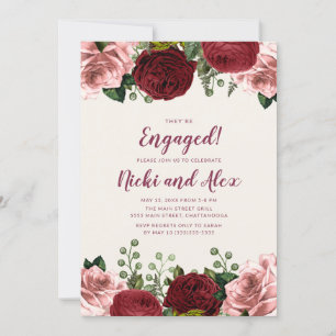Invitation Fiançailles Florales Rose Pâle Bourgogne Romantiqu
