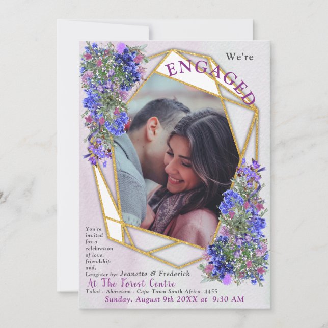 Invitation Fiançailles géométrique Gold & Lavender Flowers (Devant)