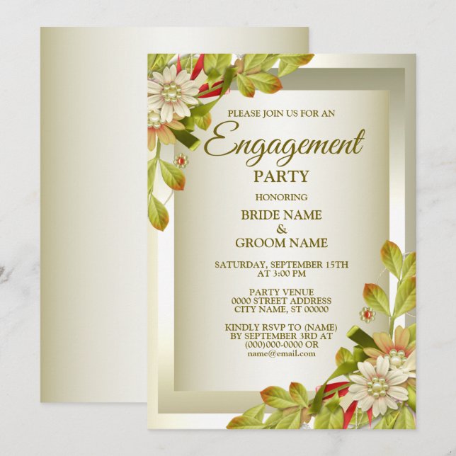 Invitation Fiançailles Green Folial Blanc Floral Or (Devant / Derrière)