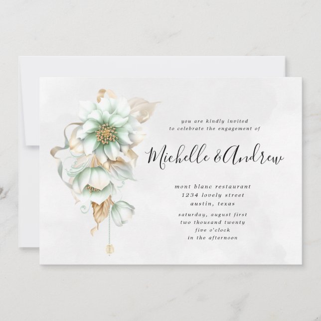 Invitation fiançailles gris doux et floral victorien (Devant)