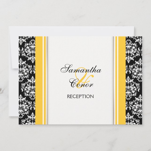Invitation Fiançailles jaune blanc noir de mariage damassé (Devant)