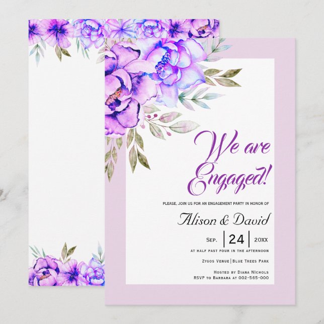 Invitation Fiançailles lilas de fleurs d'aquarelle violette (Devant / Derrière)