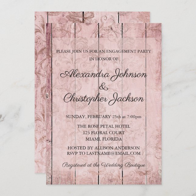Invitation Fiançailles Mariage en bois rose Rose Rose (Devant / Derrière)