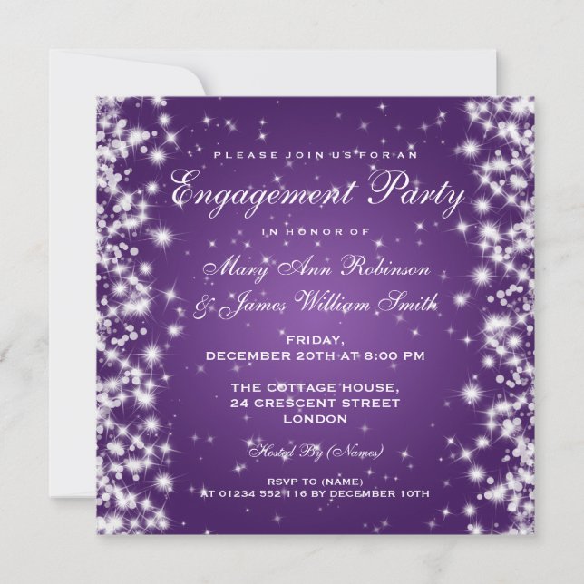 Invitation Fiançailles mariage Hiver Étincelle Violet (Devant)