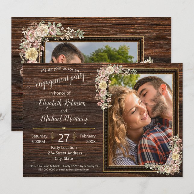 Invitation Fiançailles Modèle en bois rustique (Devant / Derrière)