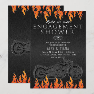 Invitation Fiançailles moto en cuir noir orange Flames