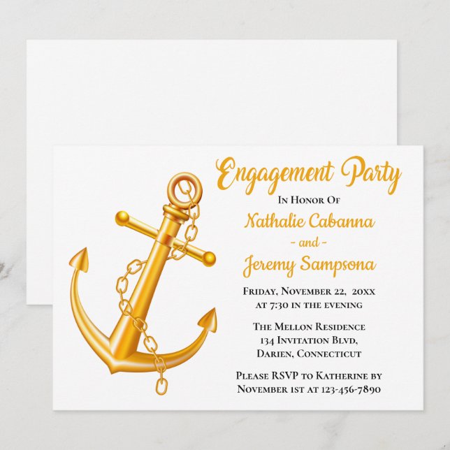 Invitation Fiançailles nautique Gold Ancre Mariage Beach Boat (Devant / Derrière)
