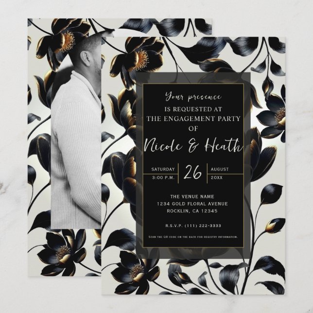 Invitation Fiançailles noir & or Floral Greige (Devant / Derrière)