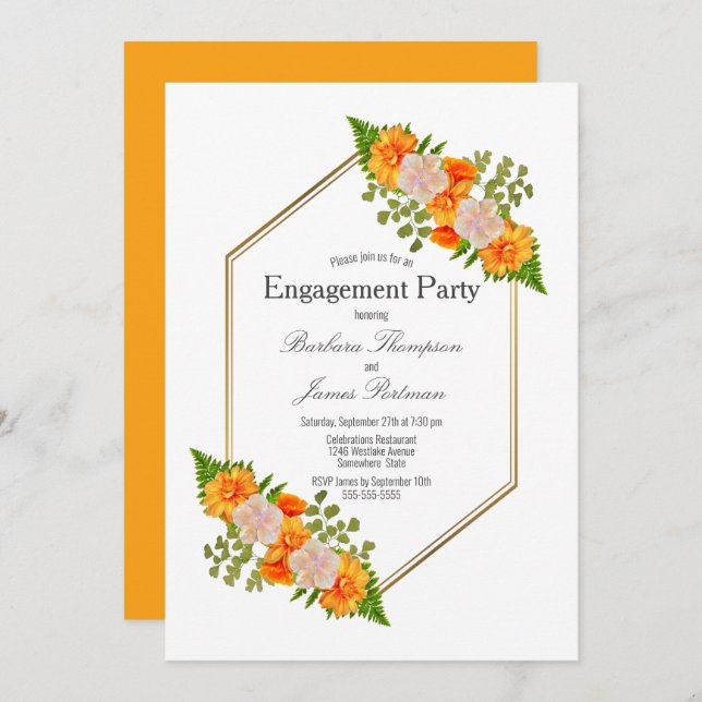 Invitation Fiançailles Orange Floral Gold Frame (Devant / Derrière)
