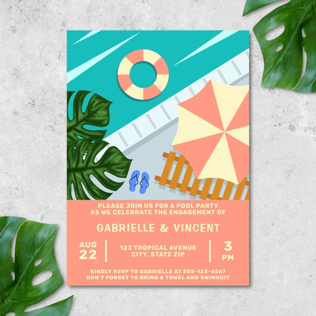 Invitation Fiançailles Pool Party Tropical Pool Scene (Engagement pool party invitation)