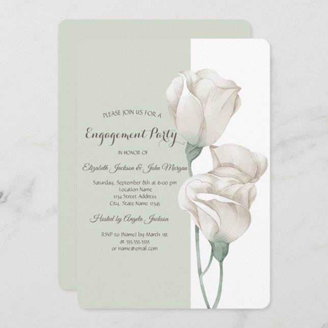 Invitation Fiançailles Rose chic aux fleurs blanches (Devant / Derrière)