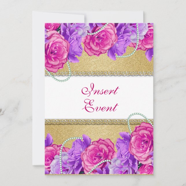 Invitation Fiançailles rose violet or mariage anniversaire (Devant)