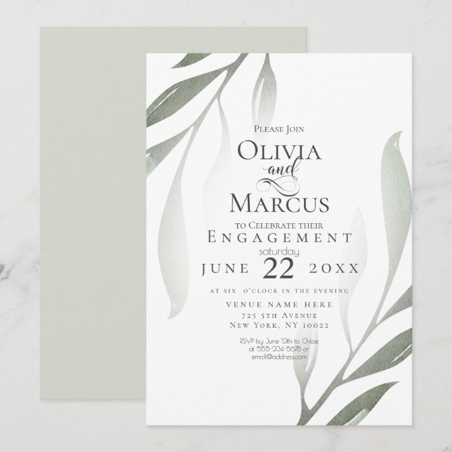 Invitation FIANÇAILLES | Sage Vert Olive Branche Aquarelle (Devant / Derrière)