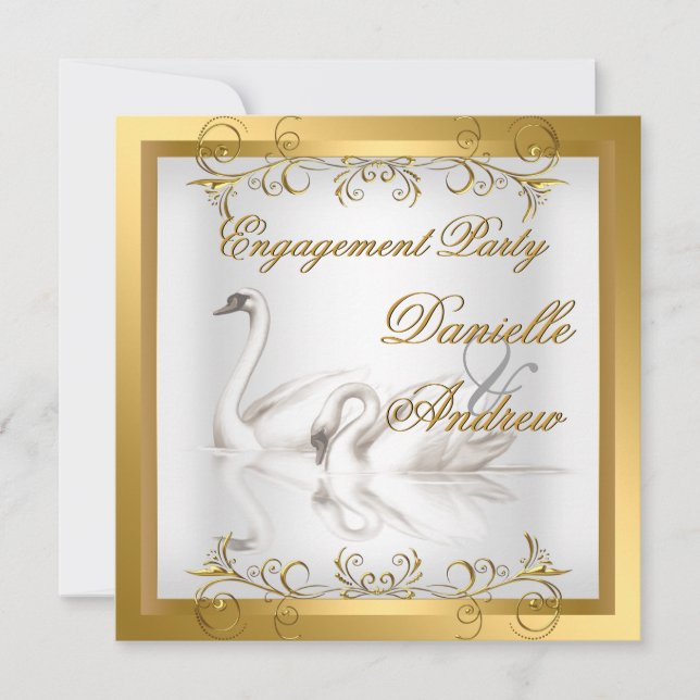 Invitation Fiançailles Swans Gold White Elegance Party (Devant)