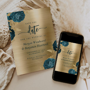 Invitation Fiançailles Teal Blue Floral Gold Glam Enregistrer