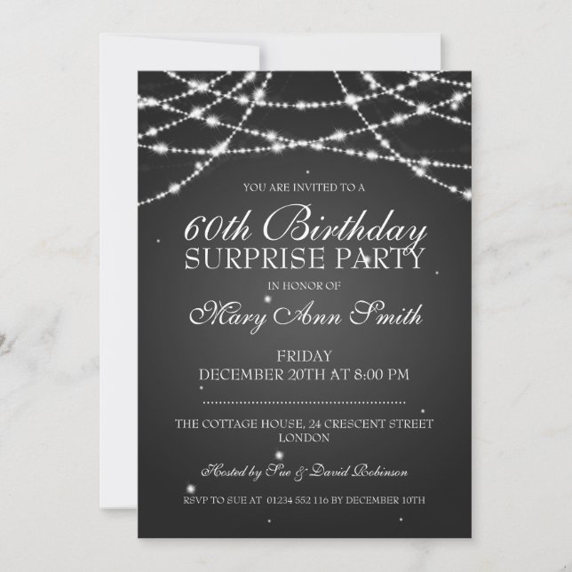 Invitation Ficelle de fête d'anniversaire de surprise de noir (Devant)