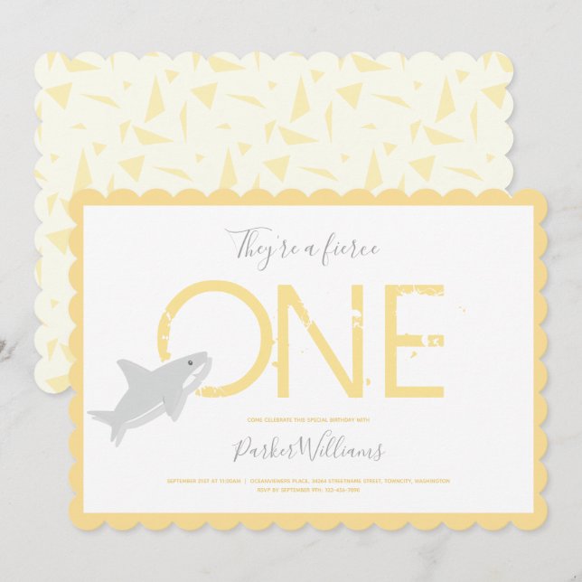 Invitation Fierce Un Requin Jaune Animal Premier Anniversaire (Devant / Derrière)