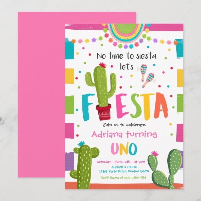 Invitation Fiesta 1er anniversaire fête mexicaine Cactus Part (Devant / Derrière)