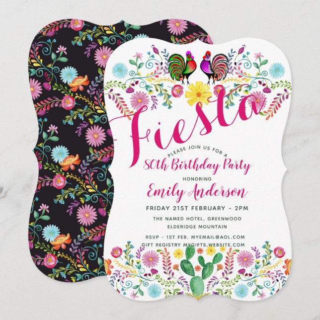 Invitation FIESTA 80e fête d'anniversaire Folk Fleurs d'art C (Devant / Derrière)