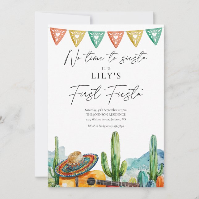 Invitation Fiesta Aquarelle moderne Cactus 1er anniversaire (Devant)