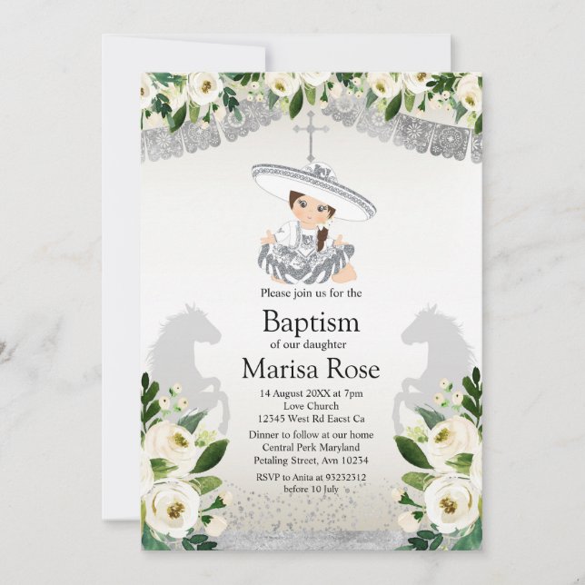 Invitation Fiesta Argent Fille Baptême Christening (Devant)