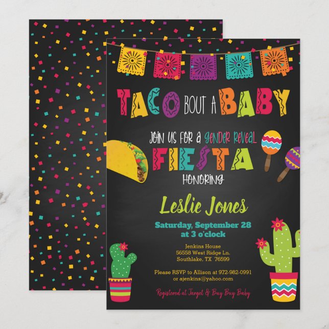 Invitation Fiesta Baby shower Taco Bout a Baby Genre Revela (Devant / Derrière)