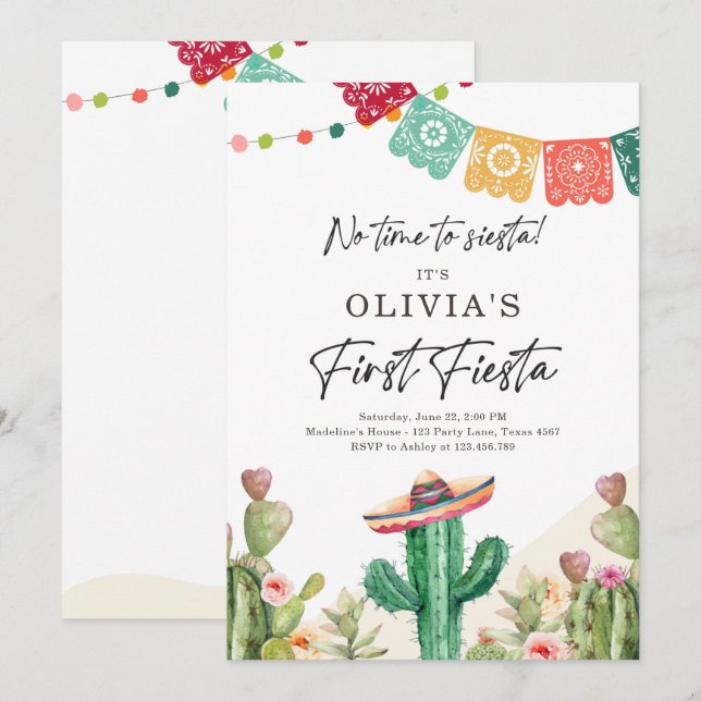 Invitation Fiesta Cactus Aquarelle fille premier anniversaire (Devant / Derrière)