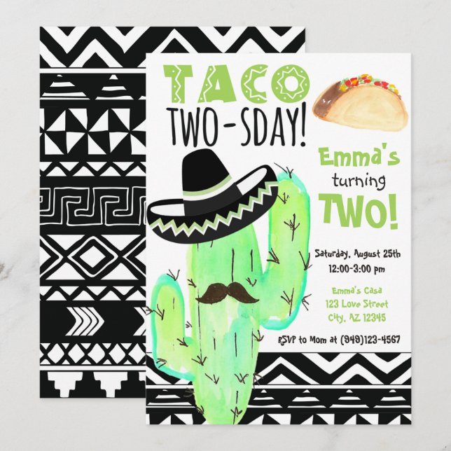 Invitation Fiesta Cactus Taco Deux-Jours 2ème Anniversaire (Devant / Derrière)