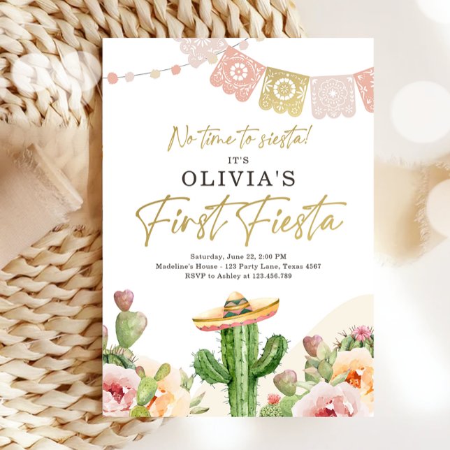 Invitation Fiesta Cactus Watercolor Girl Premier anniversaire (Créateur téléchargé)
