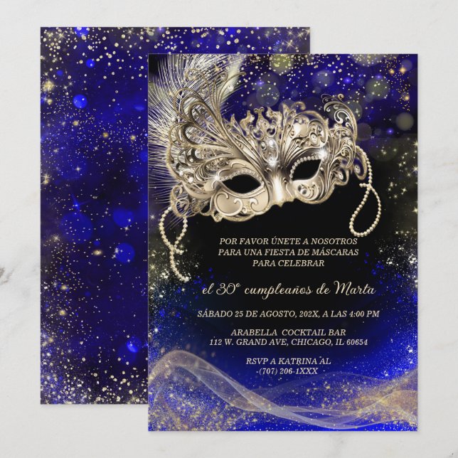 Invitation Fiesta de Máscaras 30 Cumpleaños (Devant / Derrière)