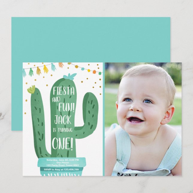 Invitation Fiesta et Fun Boy Blue Cactus 1er Anniversaire (Devant / Derrière)