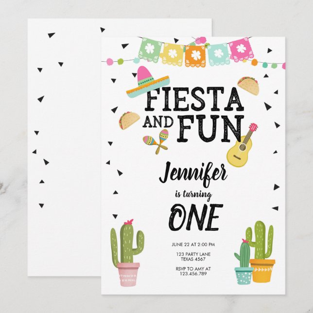 Invitation Fiesta et Fun Cactus premier anniversaire de la Me (Devant / Derrière)