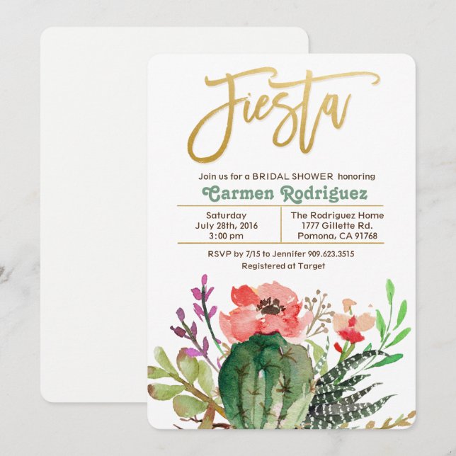 Invitation Fiesta Fête des mariées Cactus (Devant / Derrière)