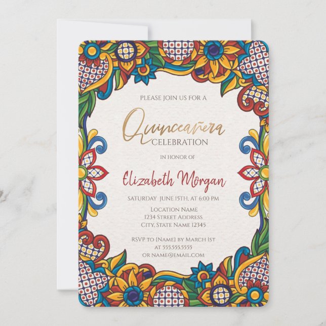 Invitation Fiesta Floral Quinceañera mexicaine (Devant)