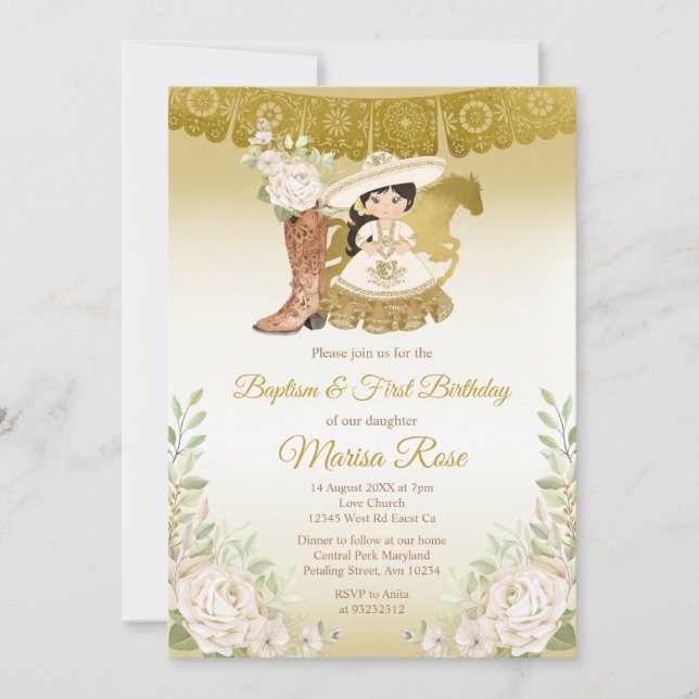 Invitation Fiesta Florale Blanche Or Mexicaine Baptême  (Devant)