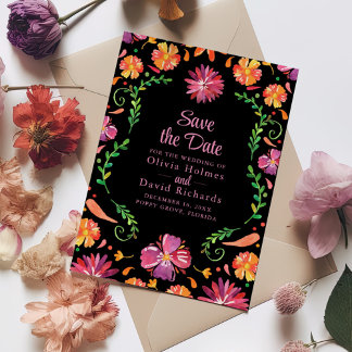 Invitation Fiesta Florale mexicaine noire Enregistrer la date