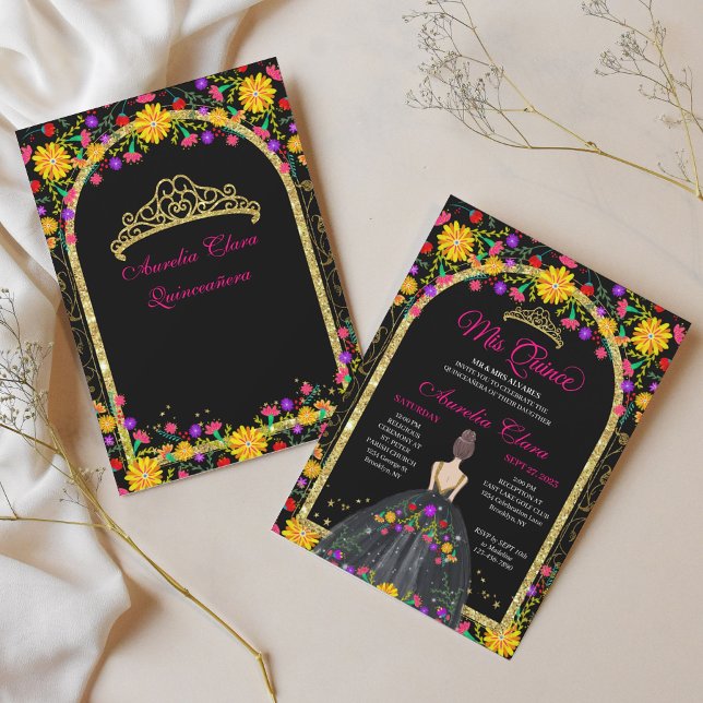 Invitation Fiesta Florale Princesse Mexicaine Gold Quinceaner (Créateur téléchargé)